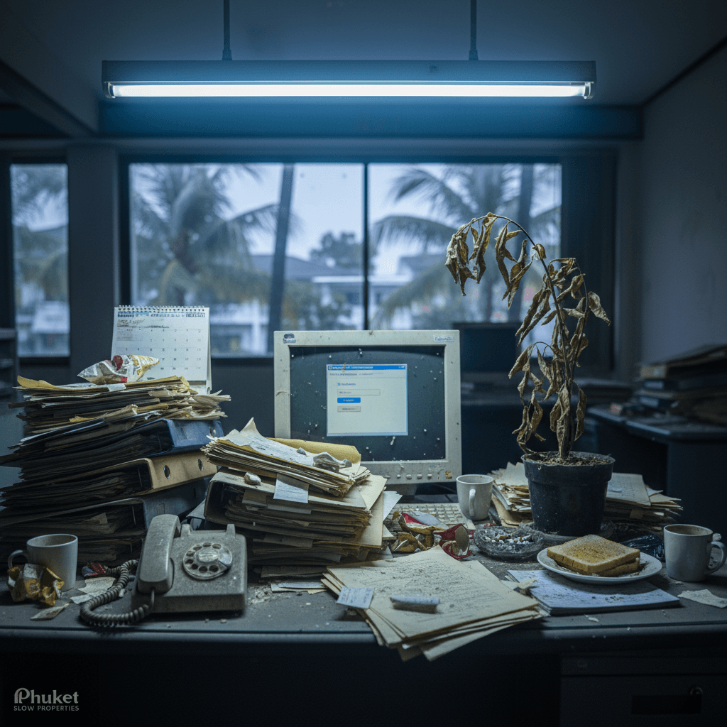A messy and disorganized office desk representing the red flags and warning signs of a bad Phuket property management company.