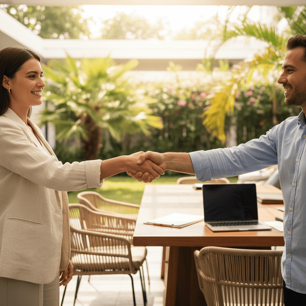 A professional handshake sealing a property management agreement in a tropical Phuket setting.