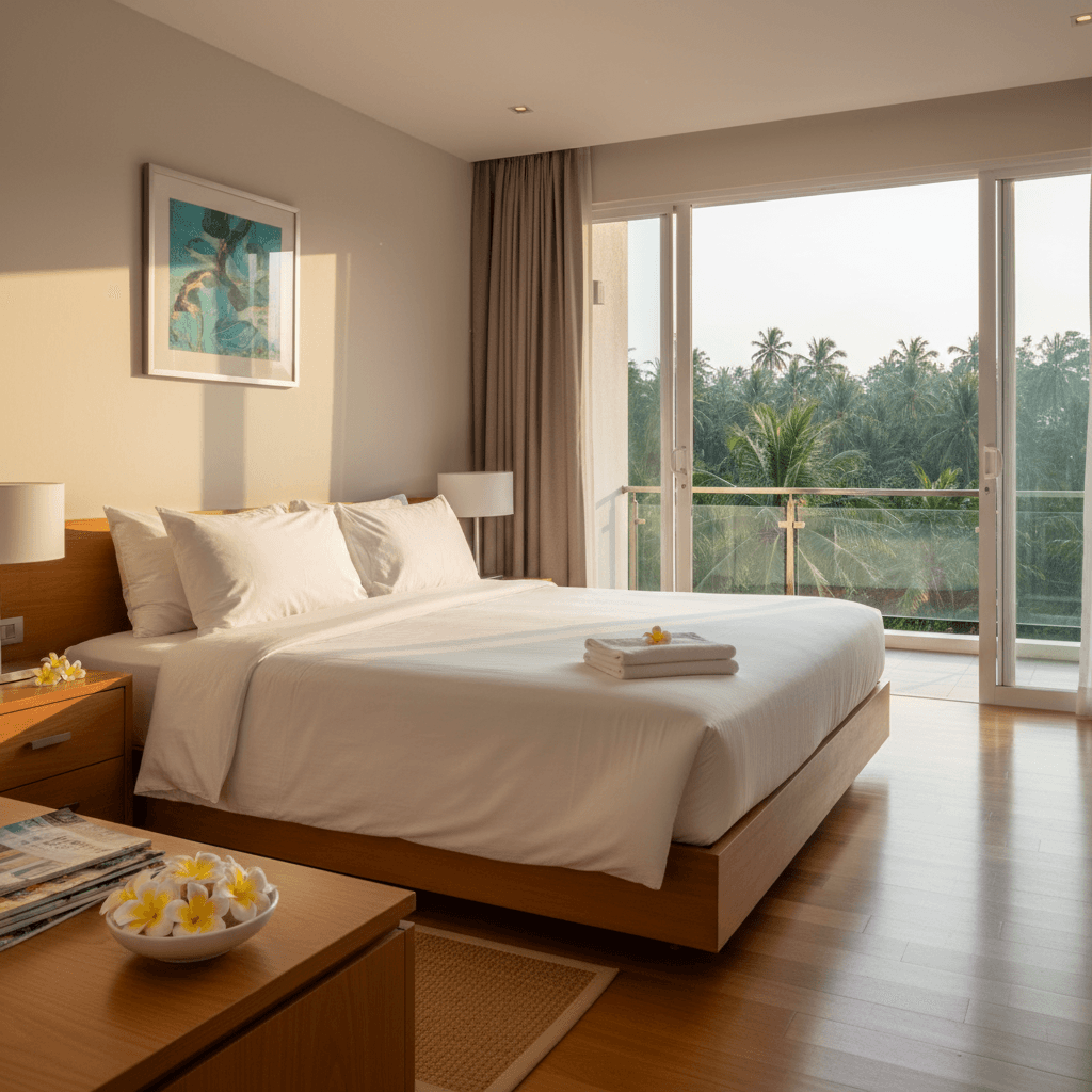 A perfectly prepared guest bedroom in a Phuket villa, showing the high standards of a great property management company.