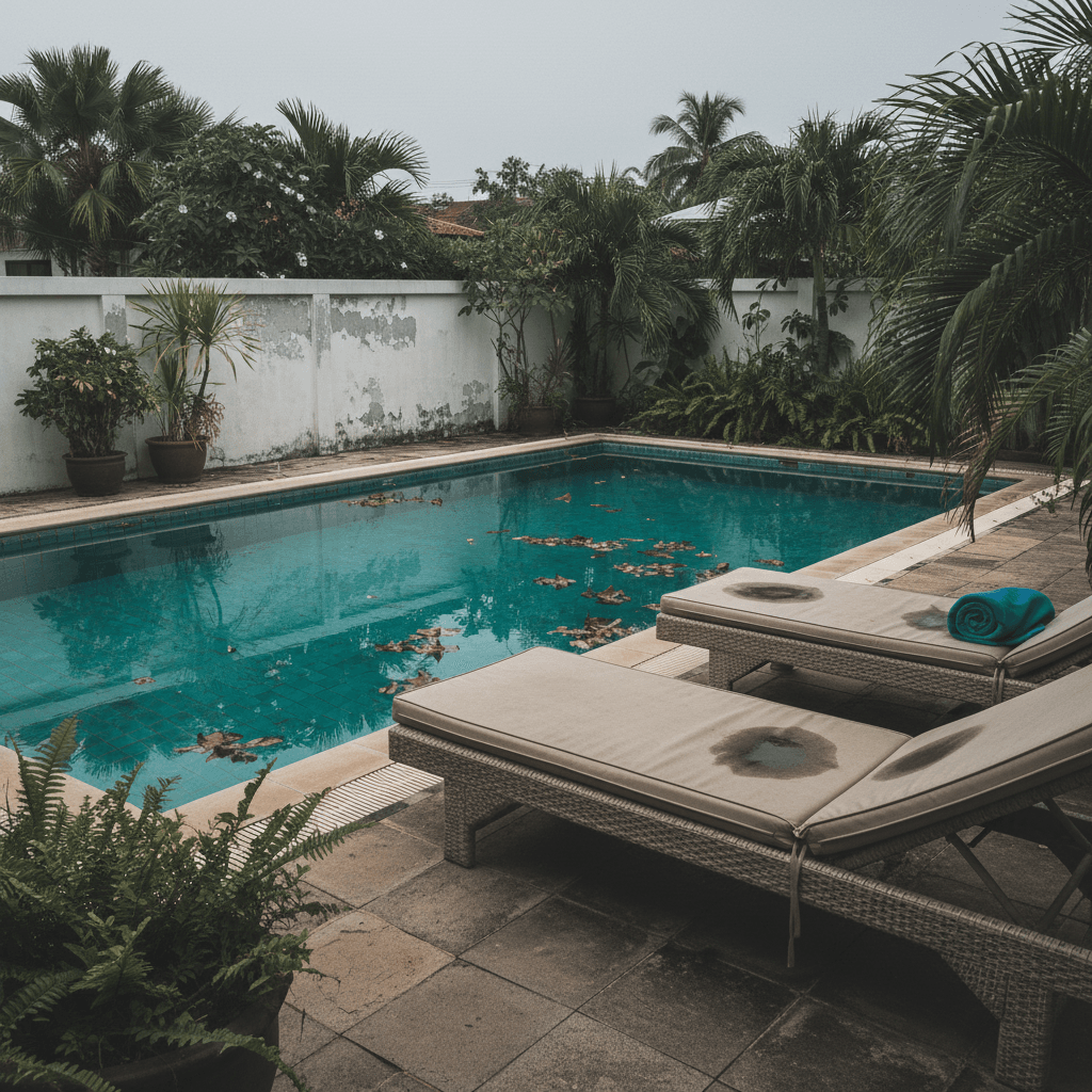 A slightly neglected swimming pool at a villa, representing a red flag for poor property management in Phuket.