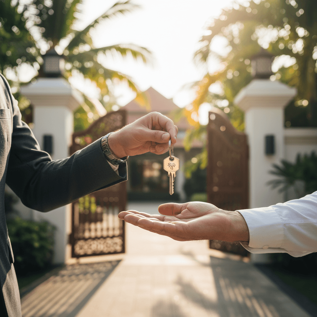 A professional Phuket property manager handing keys to a happy homeowner, symbolizing trust and reliability.