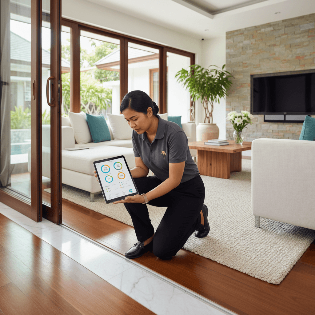 A property manager meticulously inspects a modern Phuket villa interior, showing the detailed work of a property management company.