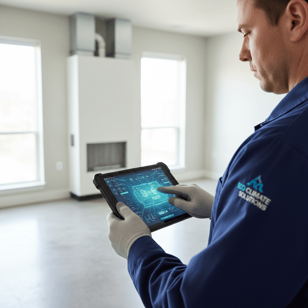A maintenance technician performs a proactive check on an HVAC system using a tablet, representing a proactive approach to property maintenance.