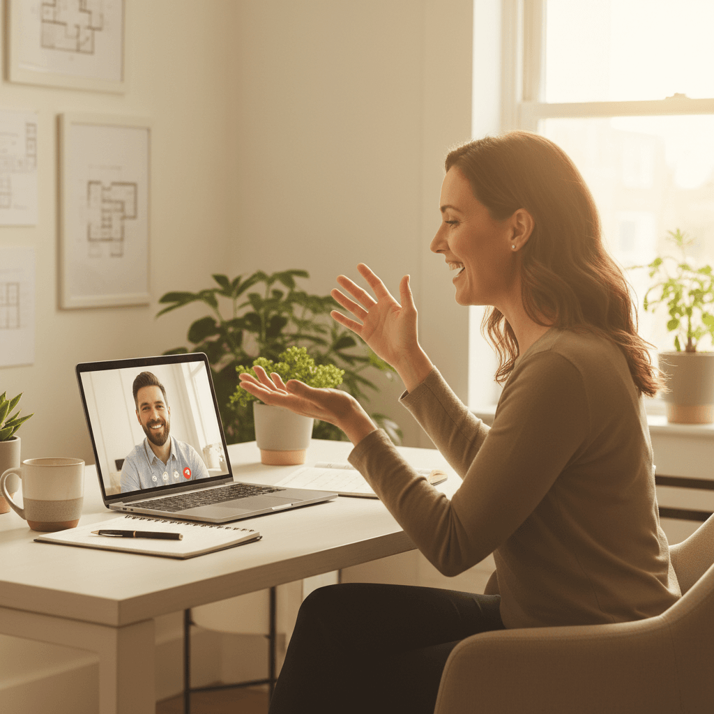 A property manager having a positive and engaging video call with a property owner, illustrating rockstar communication and owner relations.