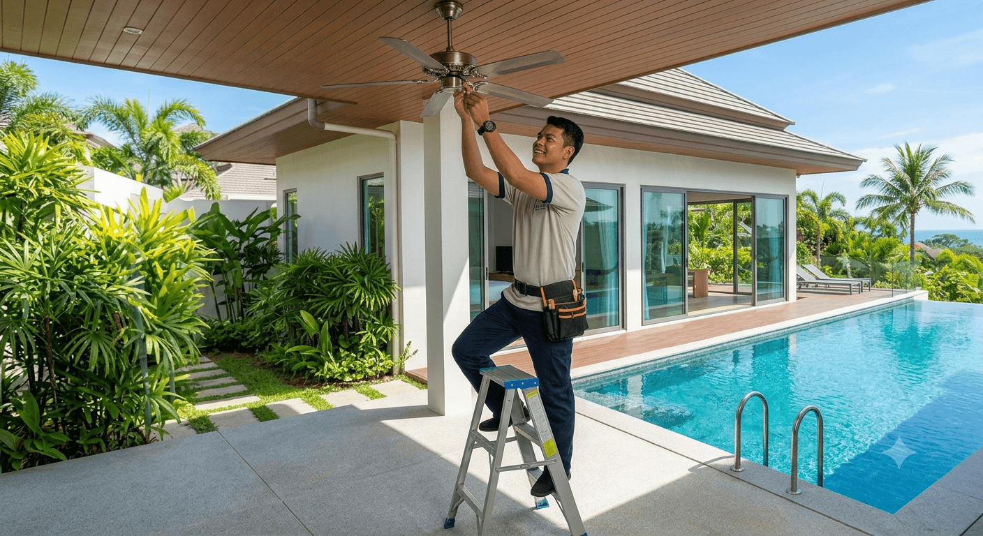 Maintenance work on a ceiling fan beside the pool of a Phuket villa