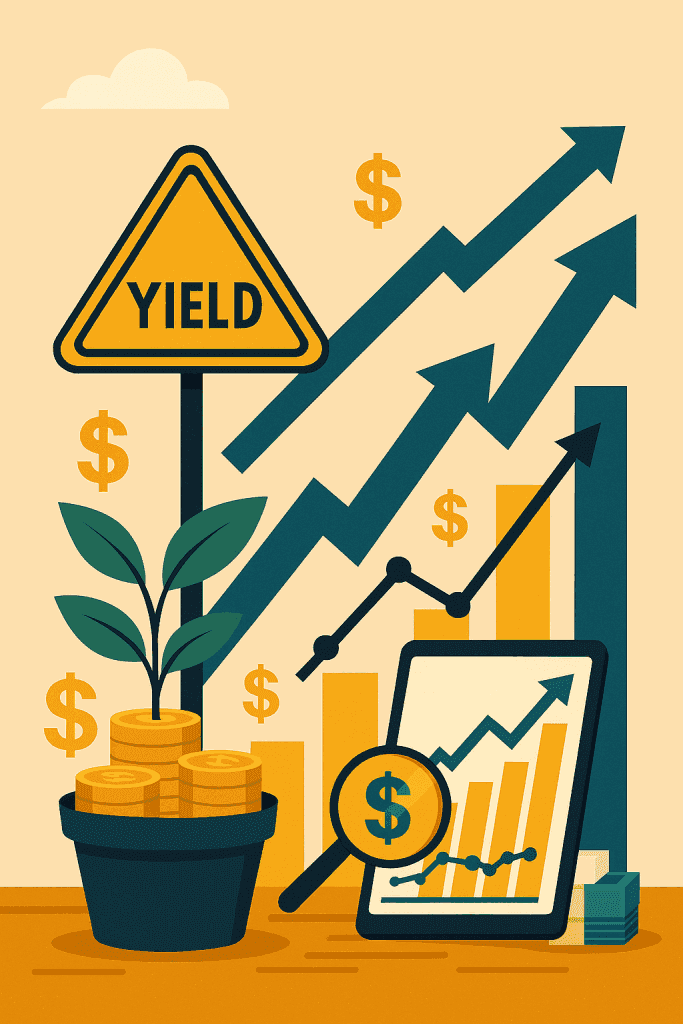Flat illustration of a “Yield” sign, coin-filled plant, and rising charts symbolising value-driven property management growth