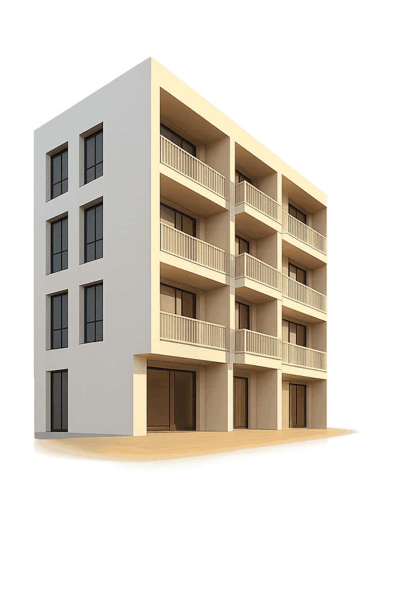 Isolated 3D render of a modern four-storey condo with balconies and large windows, transparent background