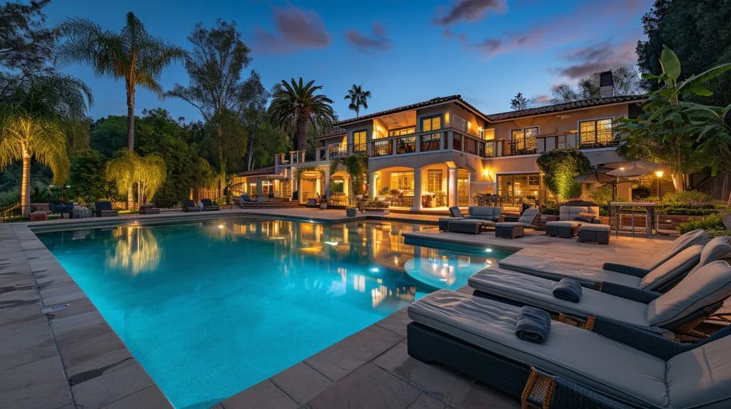 Una villa de lujo con una gran piscina, jardines tropicales e iluminación ambiental nocturna, que muestra una propiedad ideal de alta gama para la administración en Phuket.
