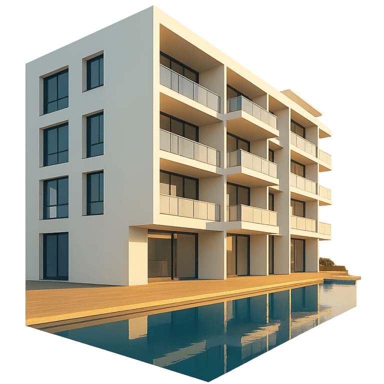 Modern four-storey Surin condo reflected in an infinity pool at sunset
