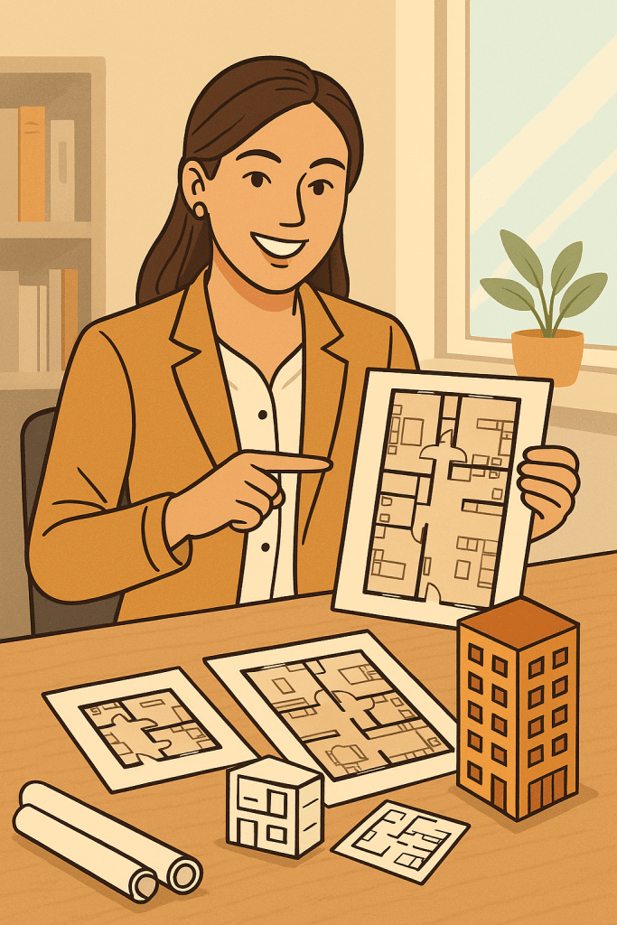 Illustration of a property manager comparing floor-plan options to match different condo sizes