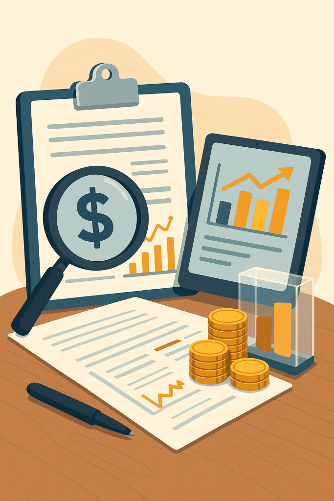 Flat illustration of financial documents, magnifying glass, bar-graph tablet, and coin stacks symbolising cost transparency