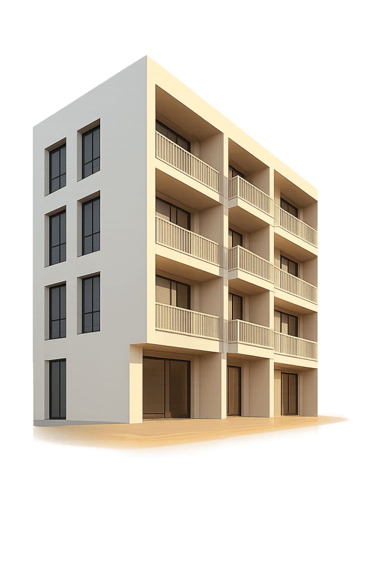 Isolated 3D render of a modern four-storey condo with balconies and large windows, transparent background