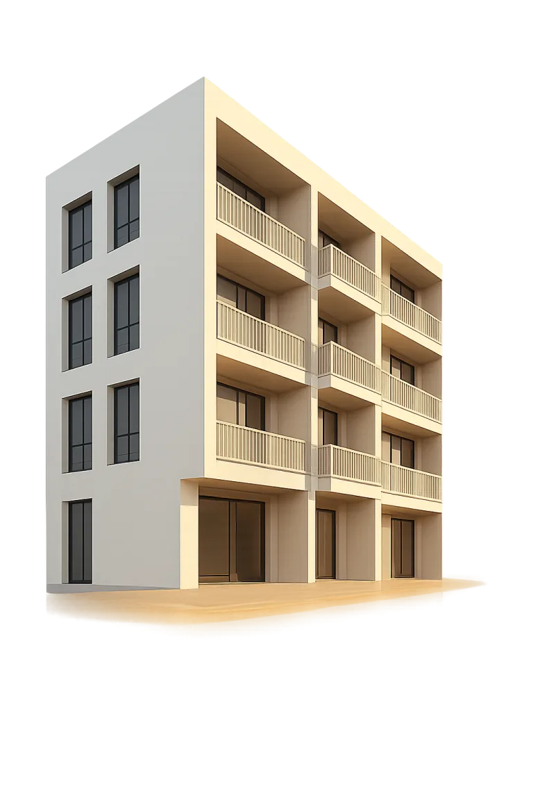Isolated 3D render of a modern four-storey condo with balconies and large windows, transparent background