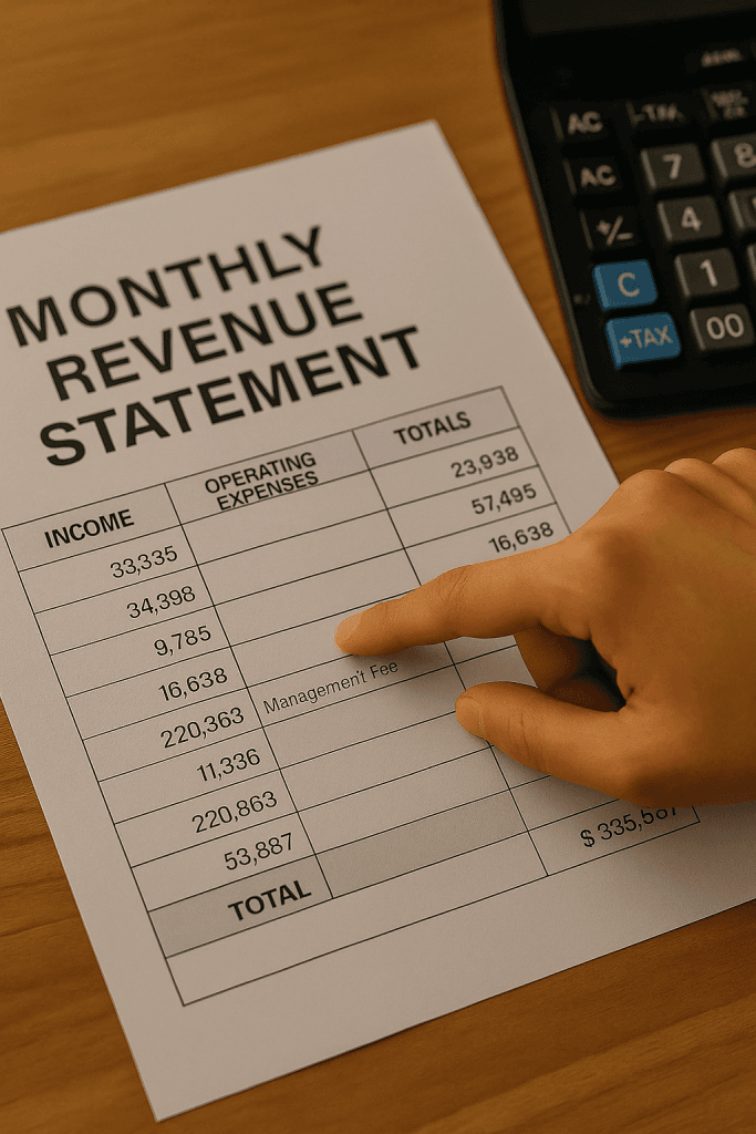 Hand pointing to “Management Fee” line on a vertical monthly revenue statement next to a calculator