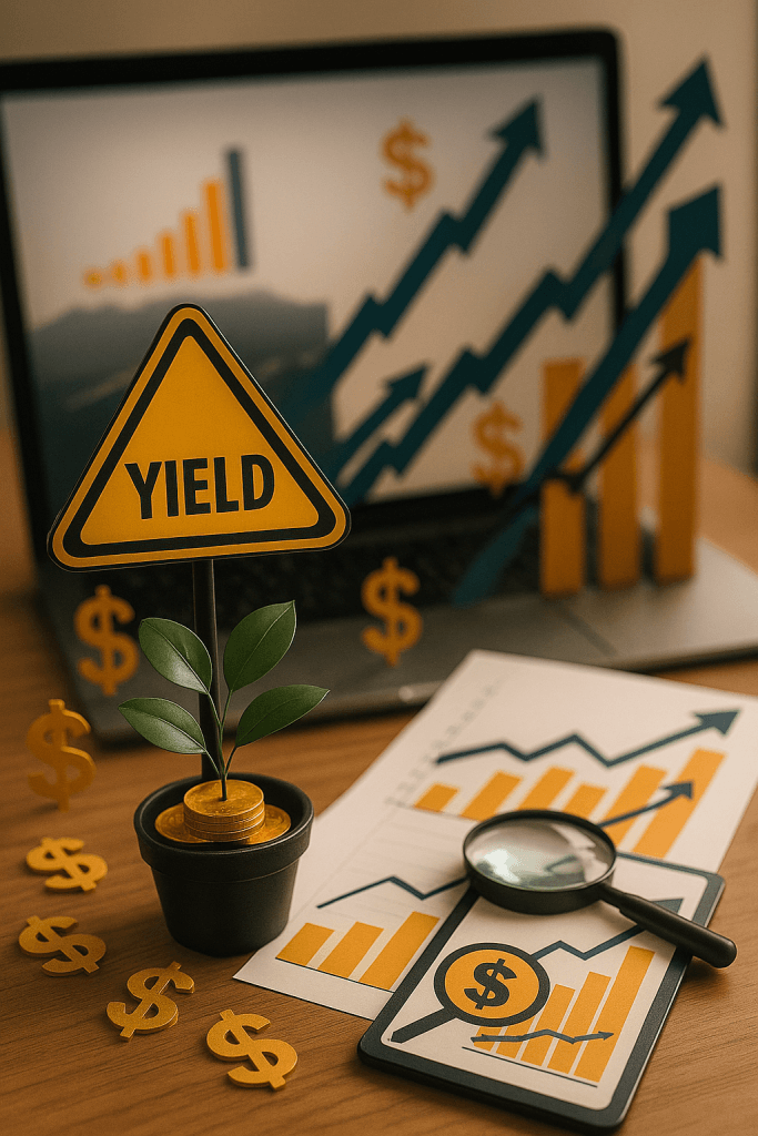 Desk with a “YIELD” sign next to a small plant growing from stacked coins, financial charts, and a laptop showing upward-trending graphs