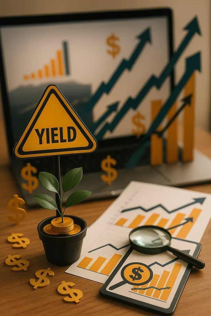 Desk with a “YIELD” sign next to a small plant growing from stacked coins, financial charts, and a laptop showing upward-trending graphs
