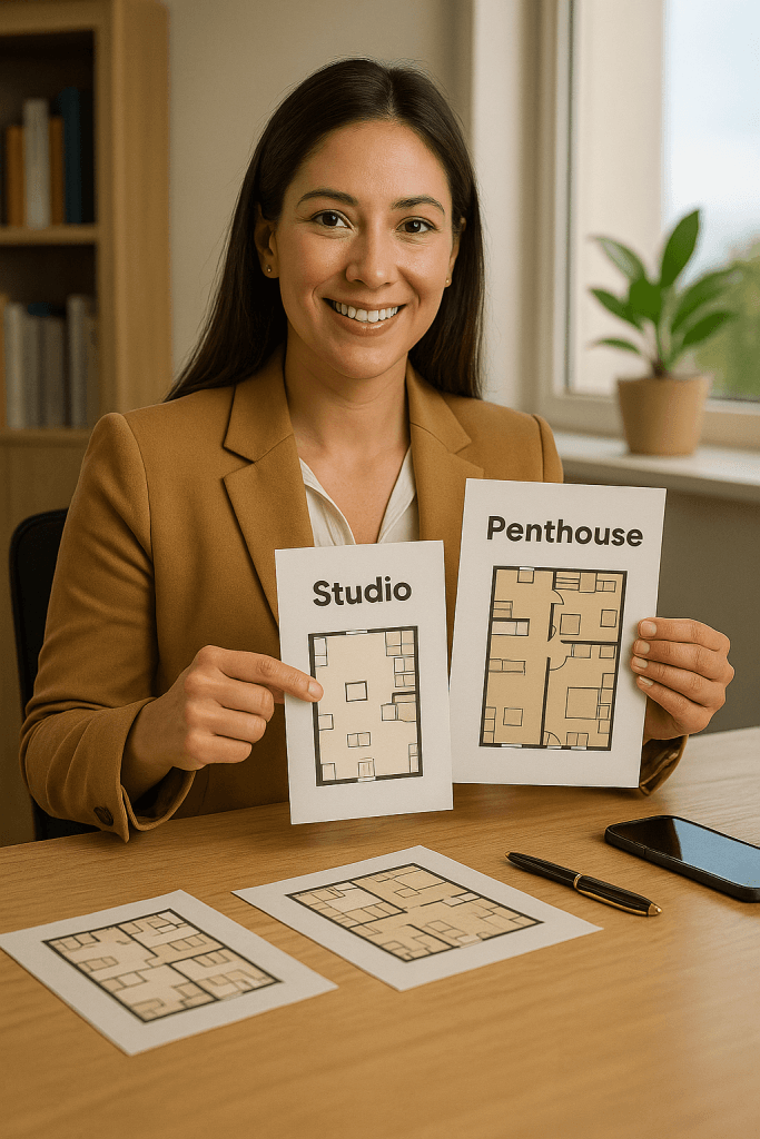 Professional woman holding studio and penthouse floor plans with no fee labels