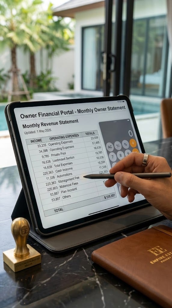 A close-up portrait shot of an elegant hand holding a stylus and pointing at a detailed, digital monthly owner statement for an Empire Estates property, showcasing full financial clarity.