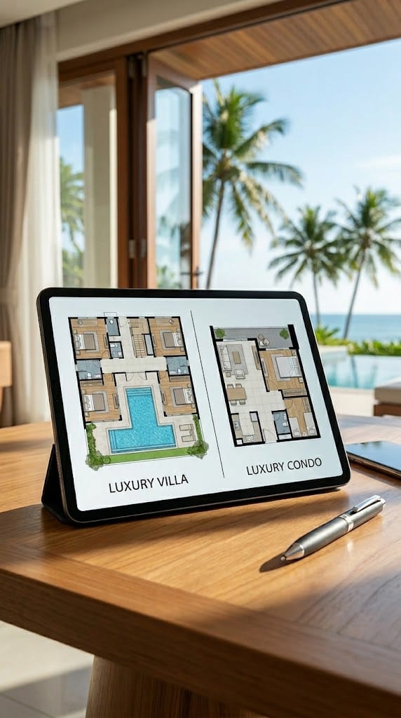 A modern tablet displaying floor plans labeled Luxury Villa and Luxury Condo on a premium wooden desk, showcasing scalable investment solutions by an Airbnb property manager in Phuket.