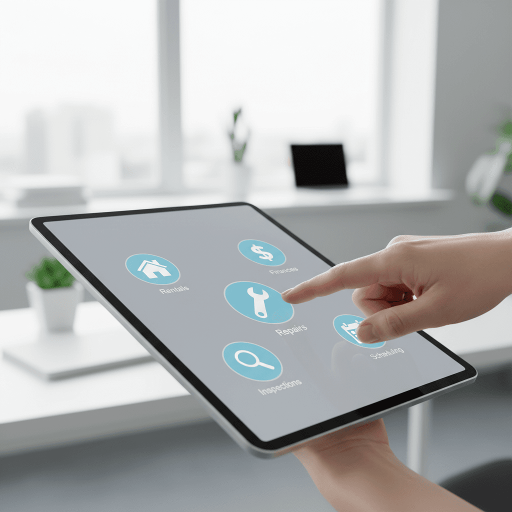 Hand pointing to a maintenance icon on a tablet, symbolizing additional a la carte property management fees.