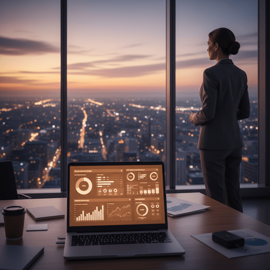 An asset manager looks out an office window at a city skyline, with a laptop showing financial growth charts on the desk in the foreground.