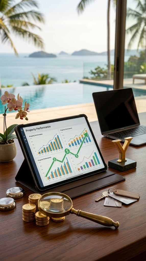 A modern tablet displaying rising property performance charts and a gold yield statue on a luxury desk, showcasing optimized revenue strategies by an Airbnb property manager in Phuket.