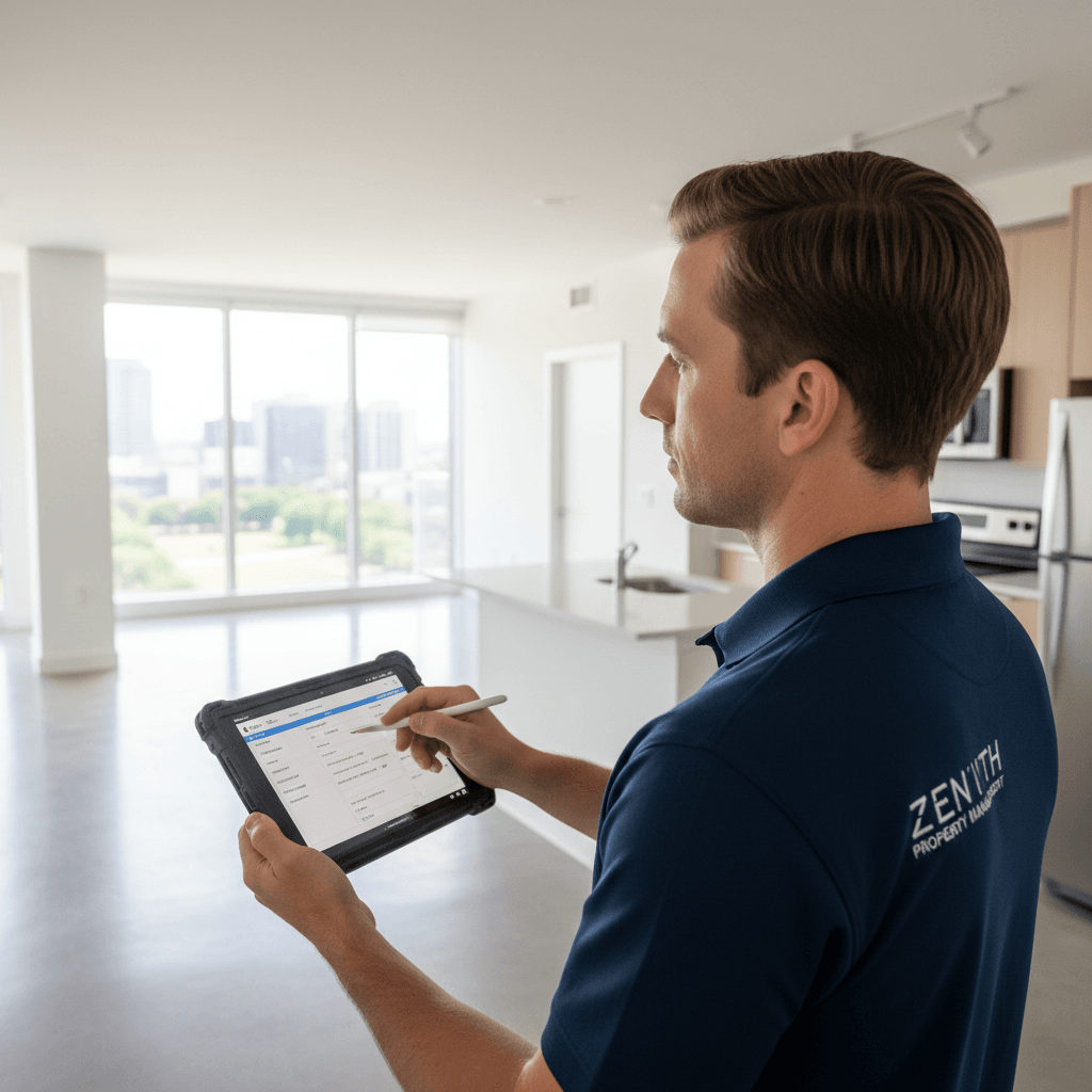 A property manager uses a tablet to perform a detailed maintenance check in an empty apartment, showcasing a core duty of property management.