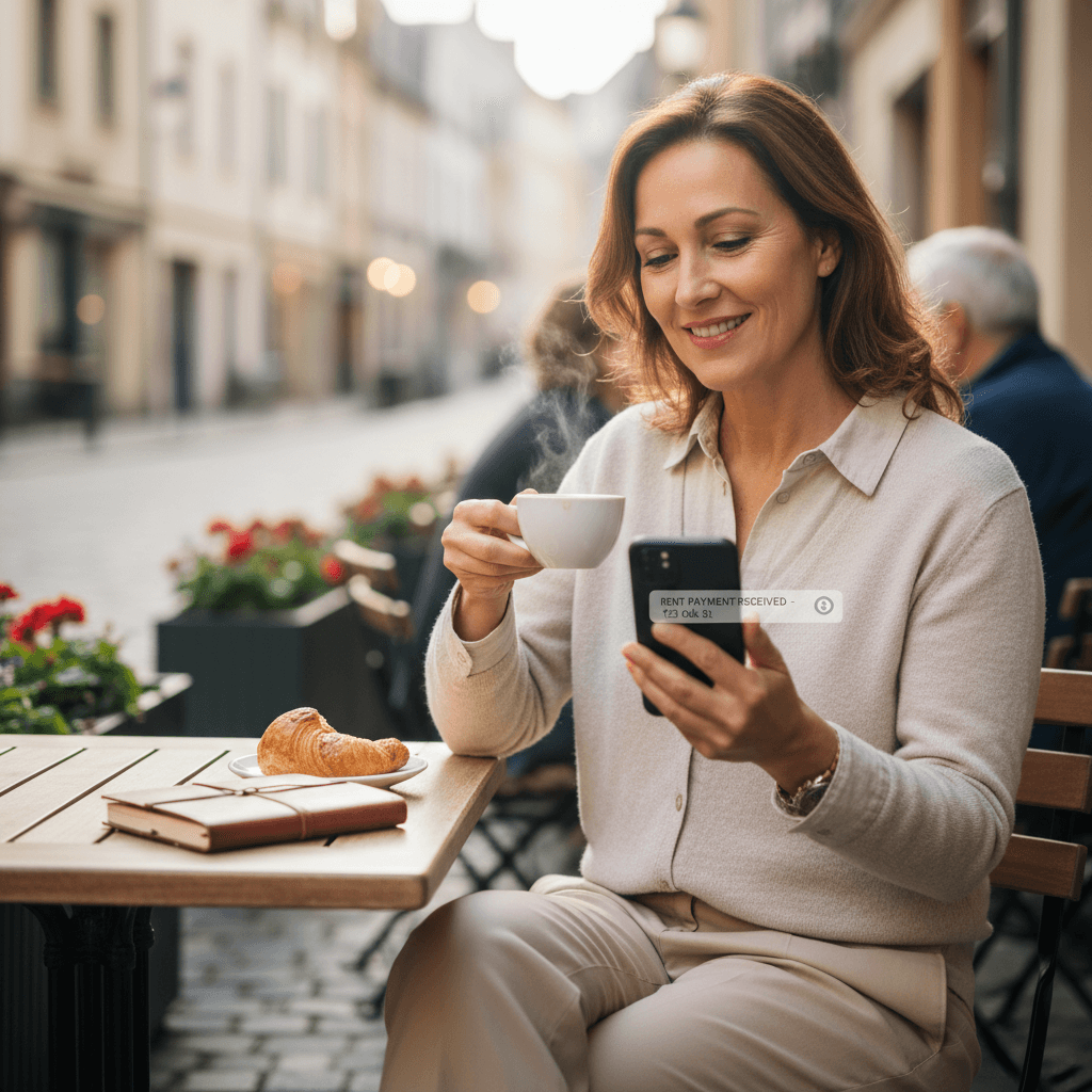 A relaxed property owner checks their phone at a cafe, symbolizing the peace of mind and passive income benefits of hiring a property manager.