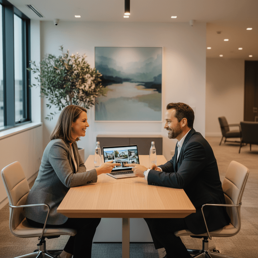 A property owner has a professional meeting with a potential property manager, discussing a contract in a modern office.