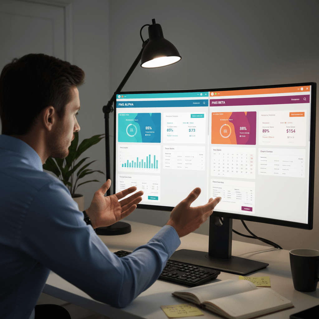 An over-the-shoulder view of a manager comparing two different property management system interfaces on a computer screen.