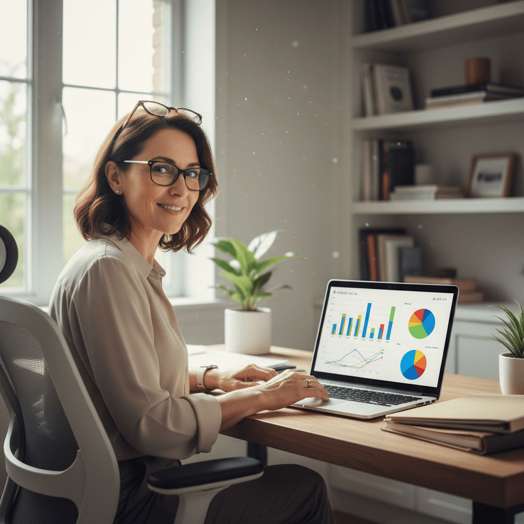 A condo board member reviewing a clear, easy-to-understand financial report on a laptop.