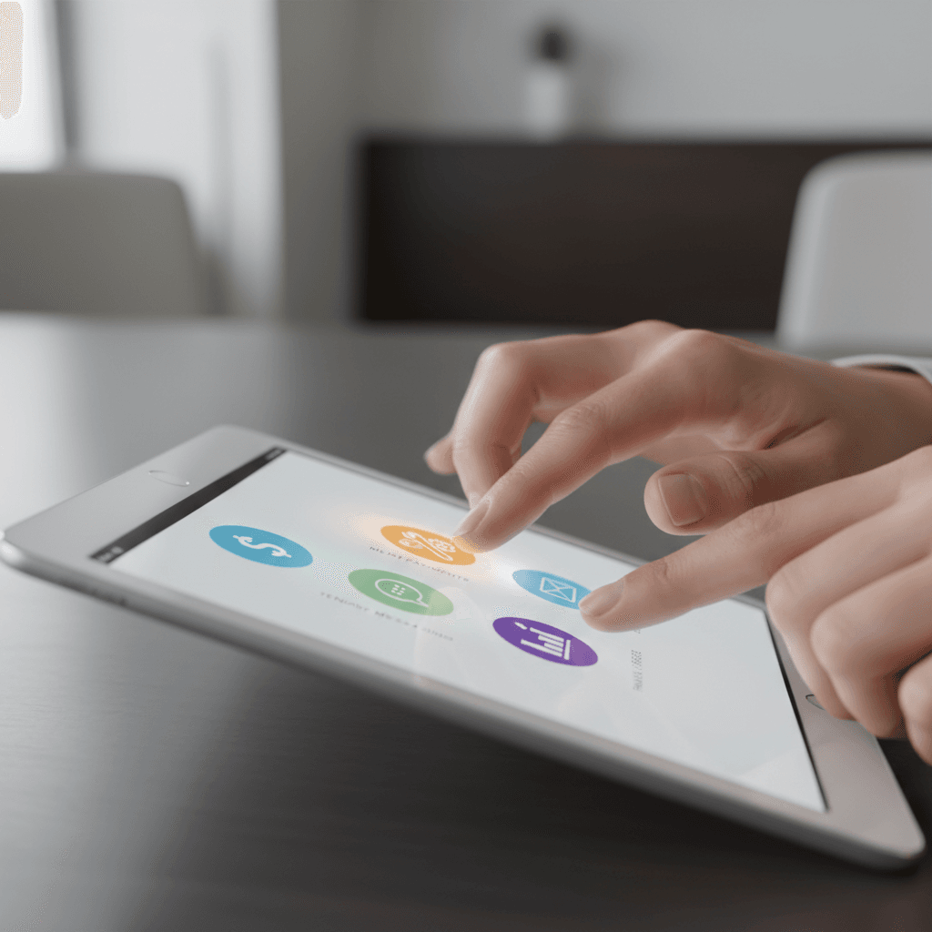 Close-up of a tablet screen showing the core features of a property management software app: payments, maintenance, communication, and reporting.