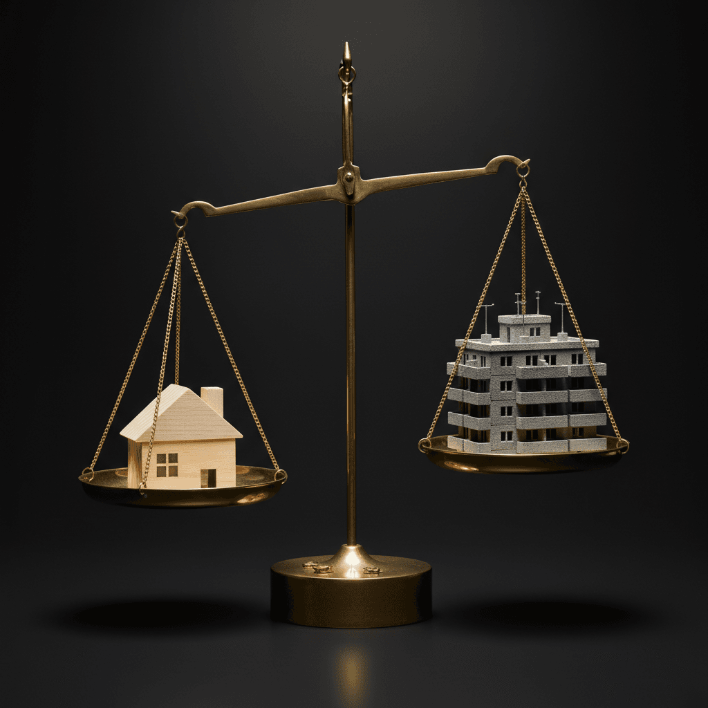 A brass scale balancing a small house against a large apartment building, showing factors that influence property management costs.