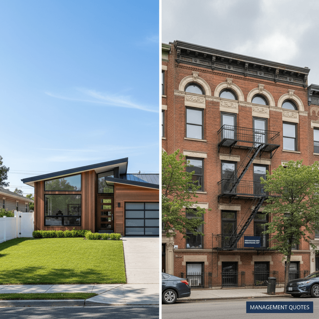 How Property Type Influences Management Quotes A split image showing a single-family house versus a multi-unit apartment building, illustrating factors that influence property management costs.