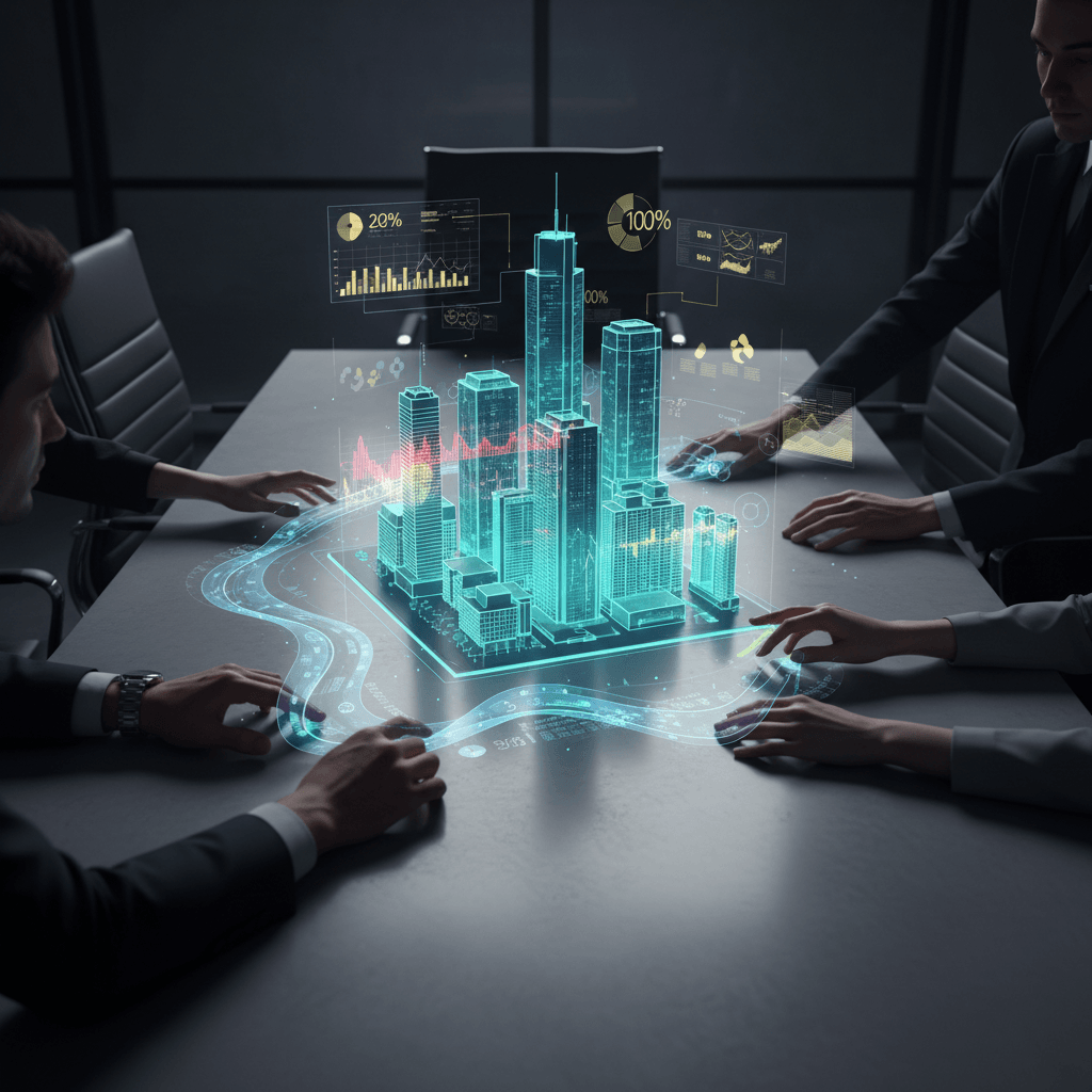 Four sets of hands collaborate around a holographic model of a building portfolio, representing the four pillars of property asset management.