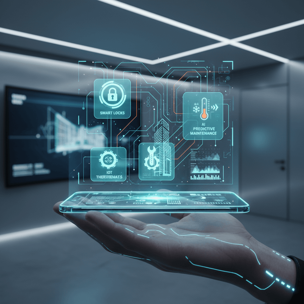 A futuristic interface with smart home IoT icons projecting from a smartphone, representing the future of property management systems.