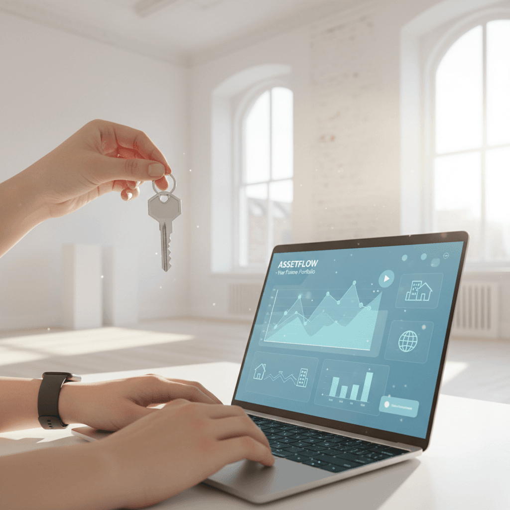 Close-up of hands holding a property key and using a laptop with an asset management dashboard, signifying the first steps for a new investor.