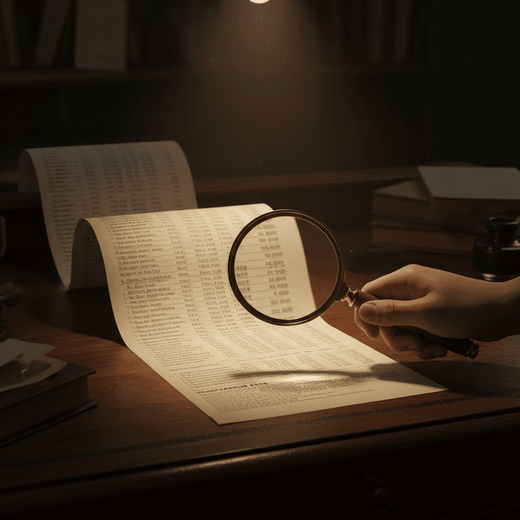 Uncovering Hidden A La Carte Property Management Fees A magnifying glass closely inspecting the fine print on a long property management bill, representing hidden à la carte fees.