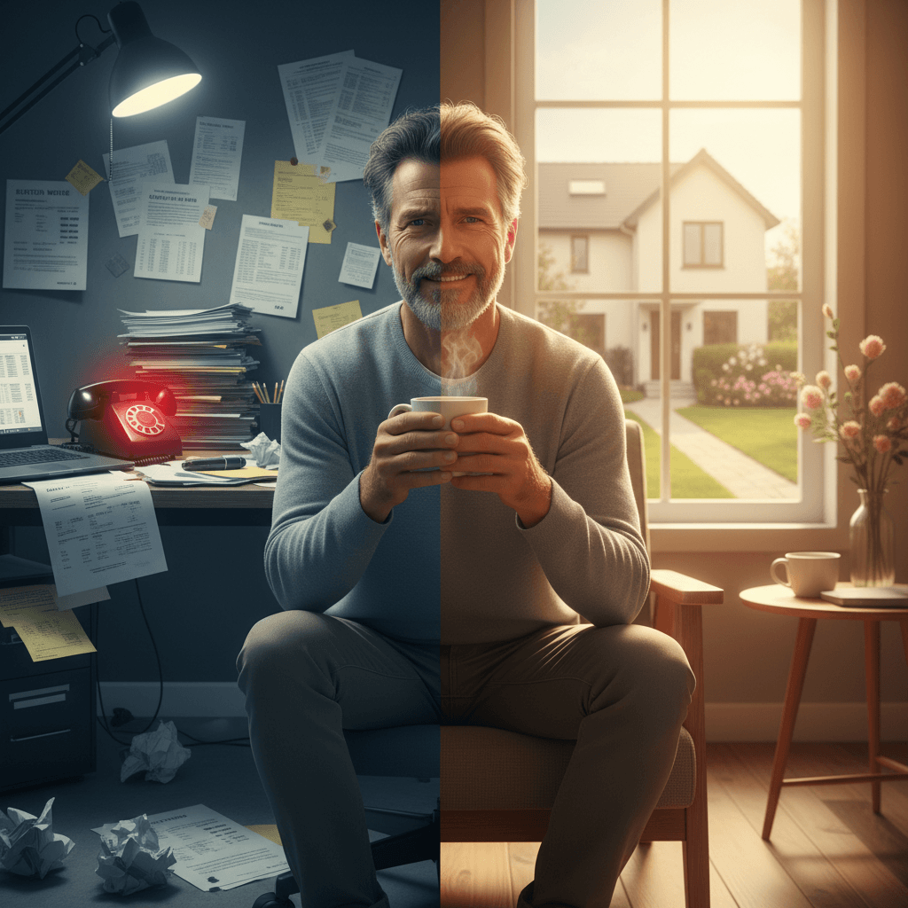 A split image showing a stressed landlord on one side and a relaxed property owner on the other, representing the value of a property manager.
