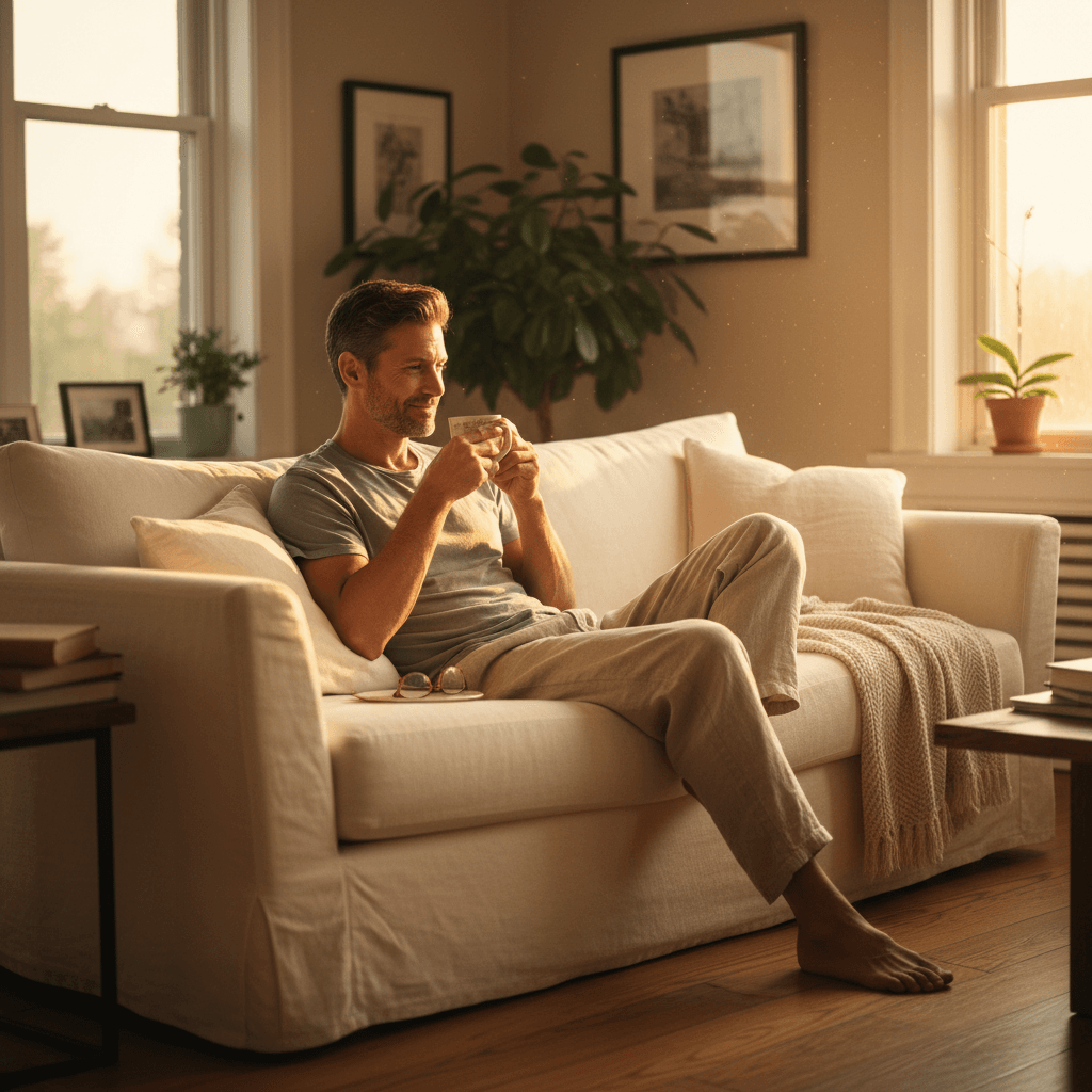 Reclaim Your Time with Property Management A relaxed property owner enjoying coffee at home, symbolizing the peace of mind gained from a property manager.