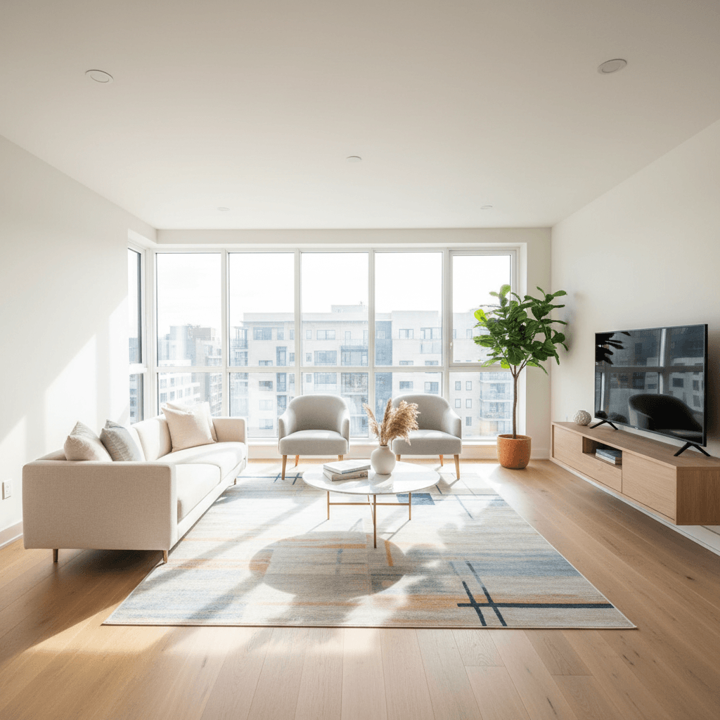A bright, clean, and modern apartment living room ready for marketing to new residents.