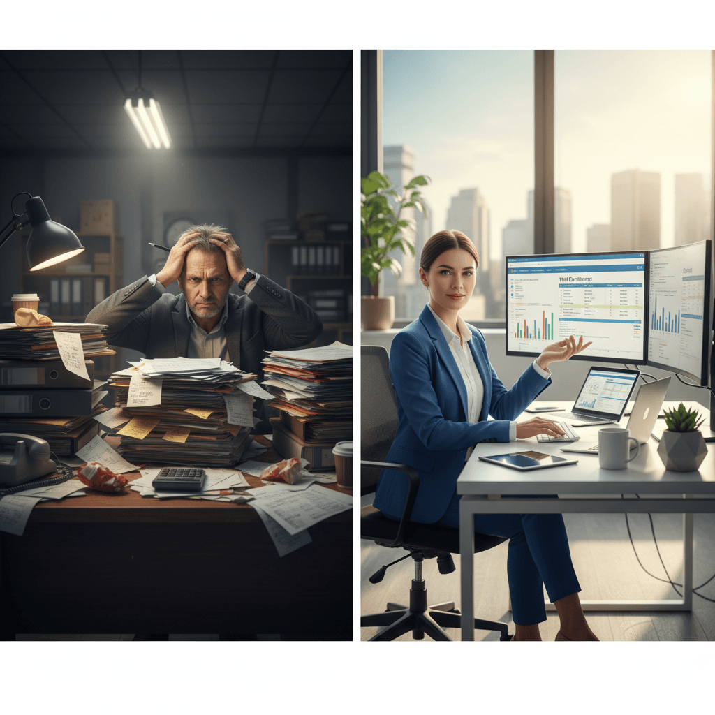 A split-screen image contrasting a chaotic, disorganized landlord with a calm, efficient PMM property manager.