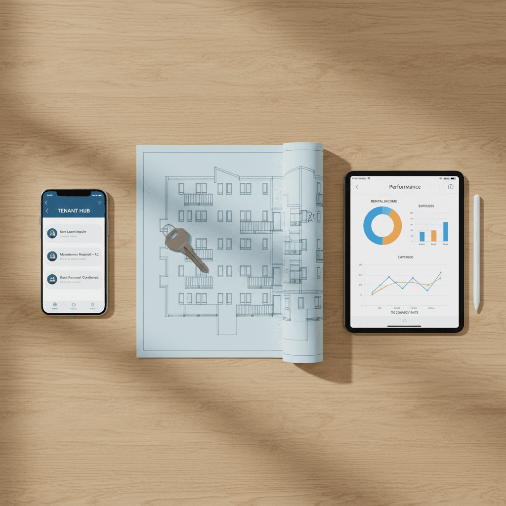 A flat lay of a phone, blueprints, and a tablet with charts, symbolizing the three pillars of a modern PMM strategy.