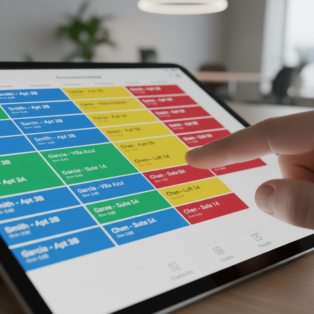 A close-up view of a person's hand interacting with a colorful booking calendar on a PMS tablet interface.