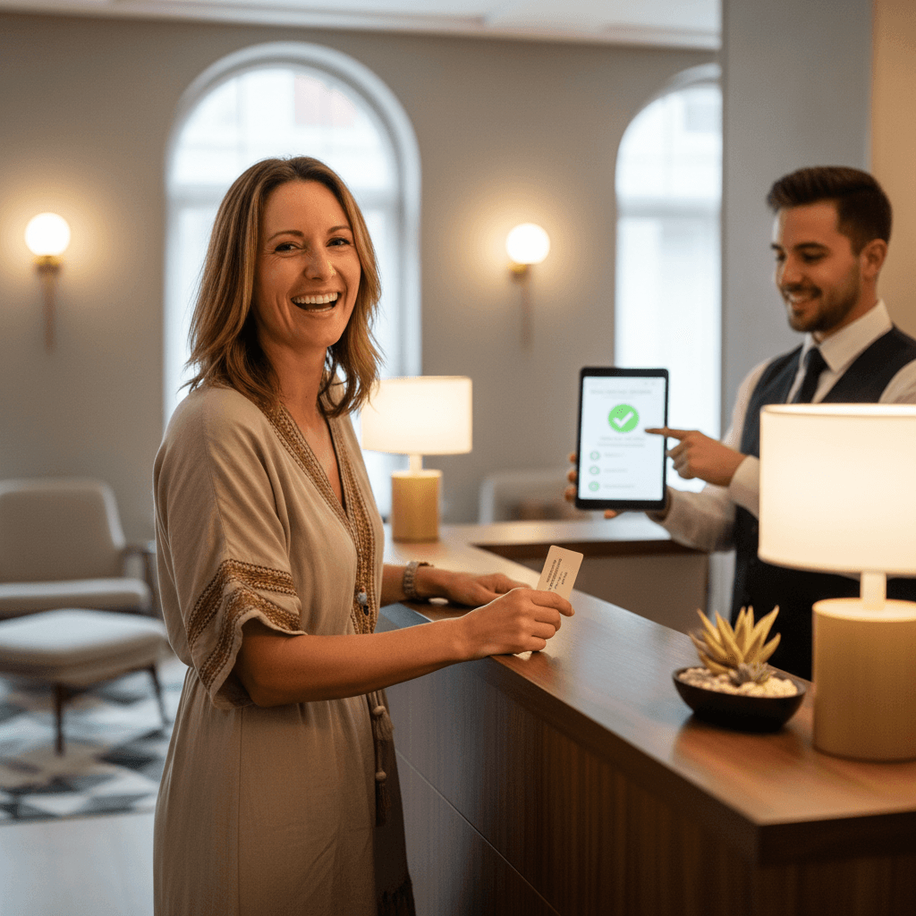 A happy guest at a hotel front desk experiences a smooth check-in, demonstrating the positive impact of a good PMS.