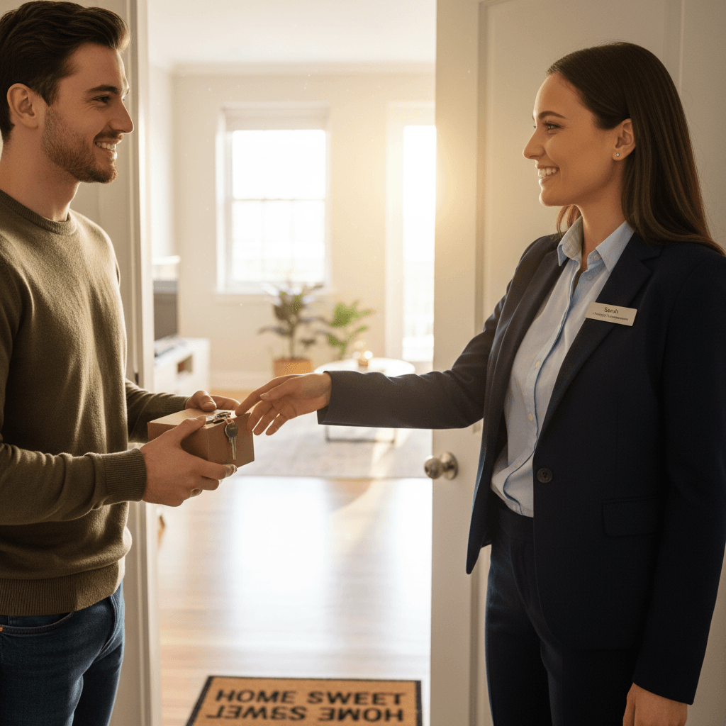 A property manager warmly welcoming a new tenant at their apartment door, illustrating positive tenant relations.