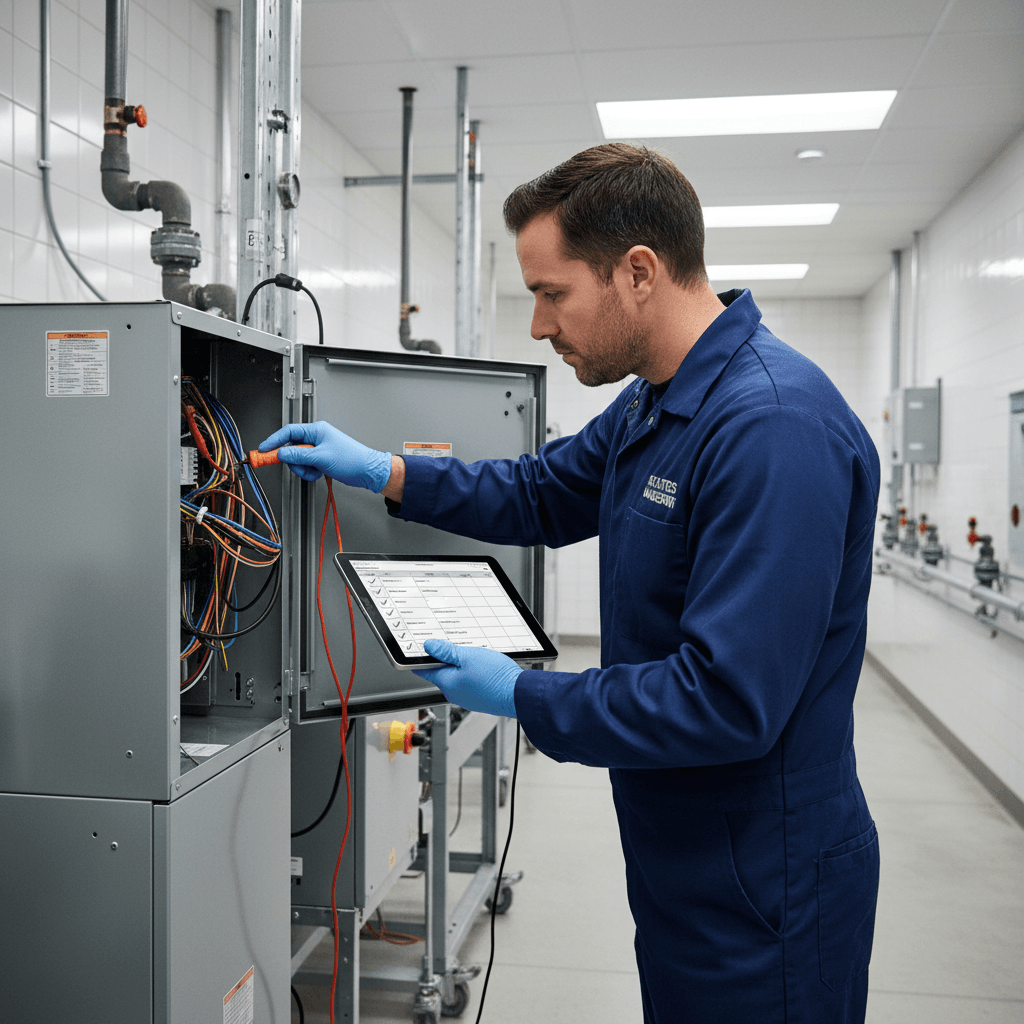 A maintenance professional conducting a detailed inspection of an HVAC unit, showcasing proactive property maintenance.