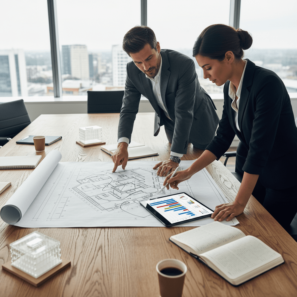 A top-down view of two professionals at a table, comparing architectural blueprints with financial data on a tablet.