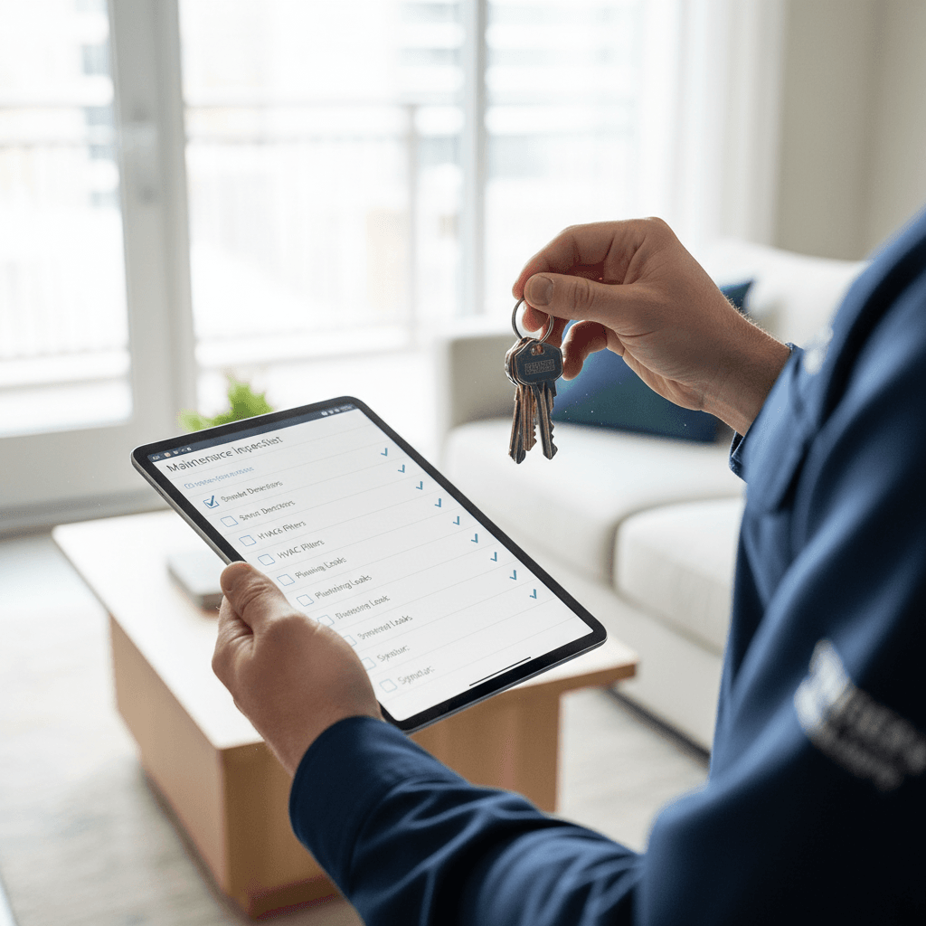 A property manager's hands holding a set of keys and a tablet with a checklist, standing inside a clean, modern apartment.