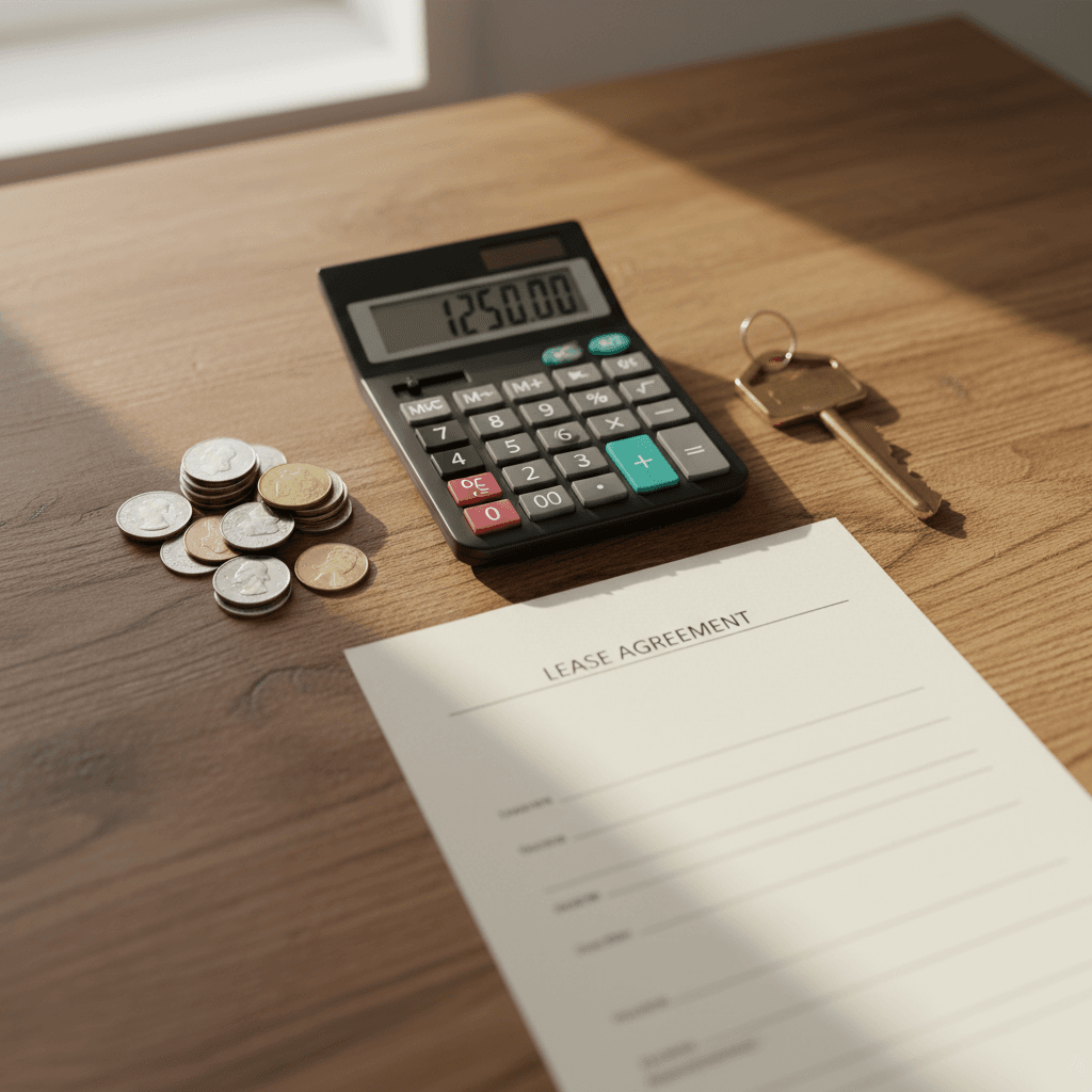 Analyzing Property Management Fees A flat lay of a calculator, coins, and a house key, representing the costs and investment of property management fees.